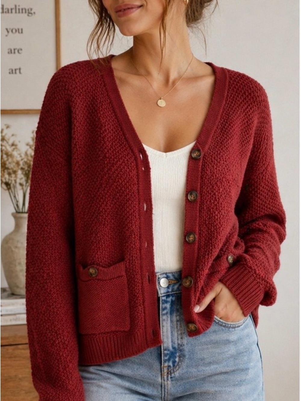 Moon River Knit Cardigan Rust Red Button Front Cozy Boho Sweater Pockets